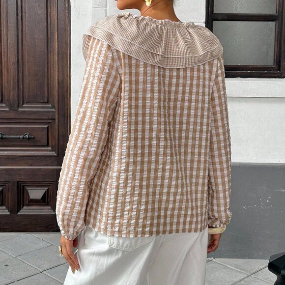 Khaki Casual Women's Ruffled Seersucker Blouse - Picture 2 of 6